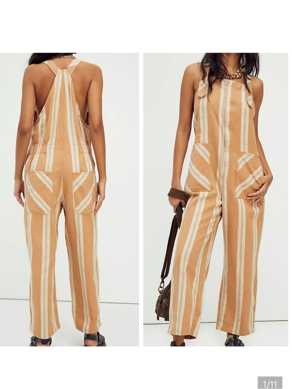 Free People Sandstone & Cream Striped Linen-Blend Jumpsuit